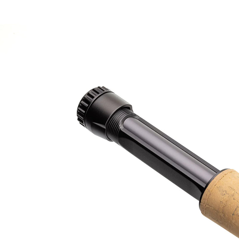 Load image into Gallery viewer, Fishing rod close-up of black reel seat and cork grip end

