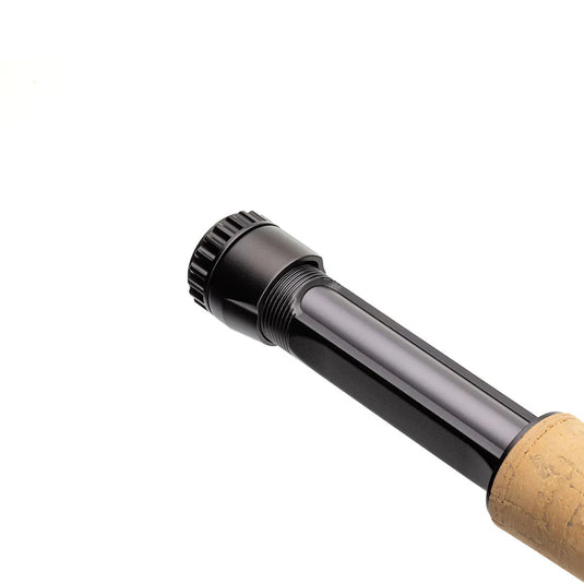 Fishing rod close-up of black reel seat and cork grip end