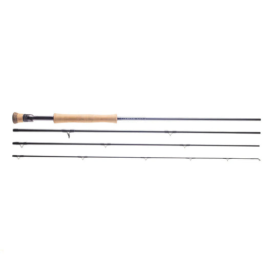 Fishing rod with cork handle and line guides along the shaft