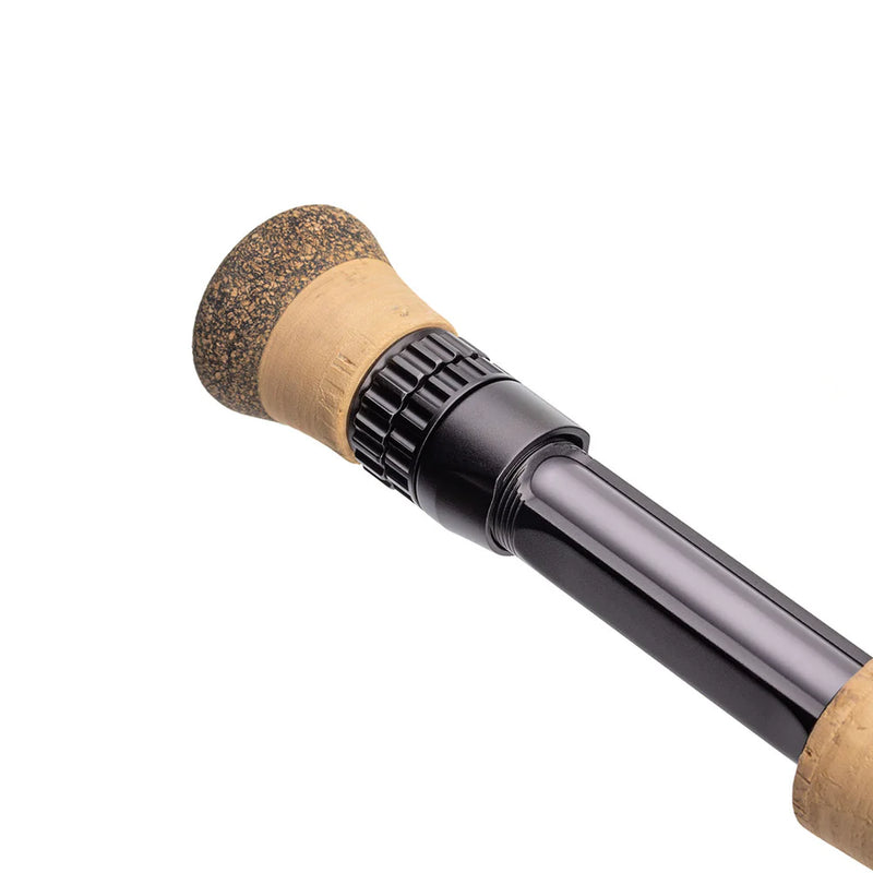 Load image into Gallery viewer, Fishing rod close-up of cork handle and ribbed black reel seat
