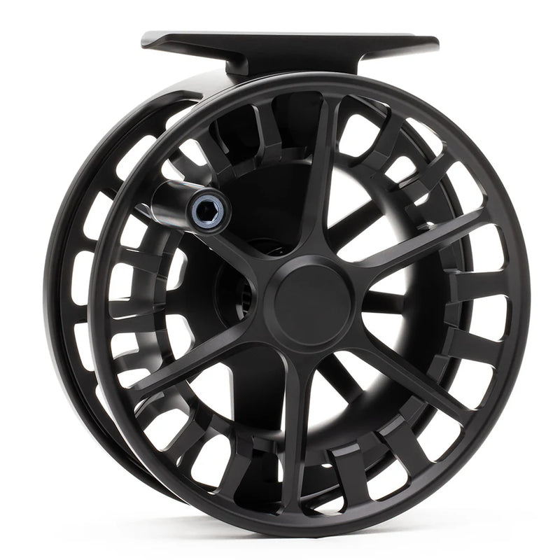 Load image into Gallery viewer, Black fly fishing reel with large spoked frame and central drag knob

