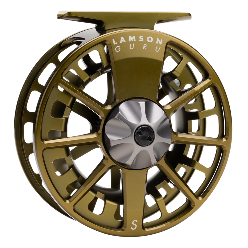 Load image into Gallery viewer, Olive gold fly fishing reel with 'LAMSON GURU' on frame and silver center
