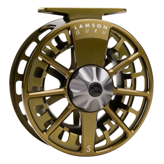 Olive gold fly fishing reel with 'LAMSON GURU' on frame and silver center