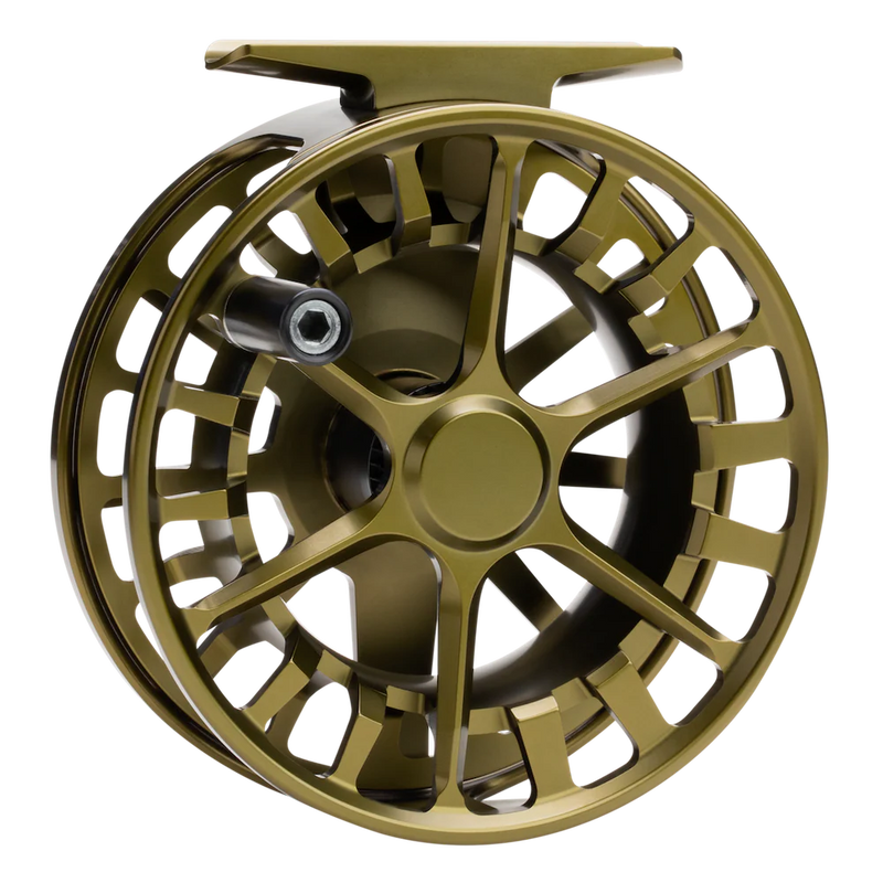 Load image into Gallery viewer, Olive gold fly fishing reel with spoked design and central mounting
