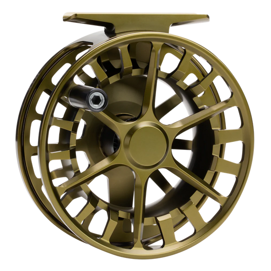 Olive gold fly fishing reel with spoked design and central mounting