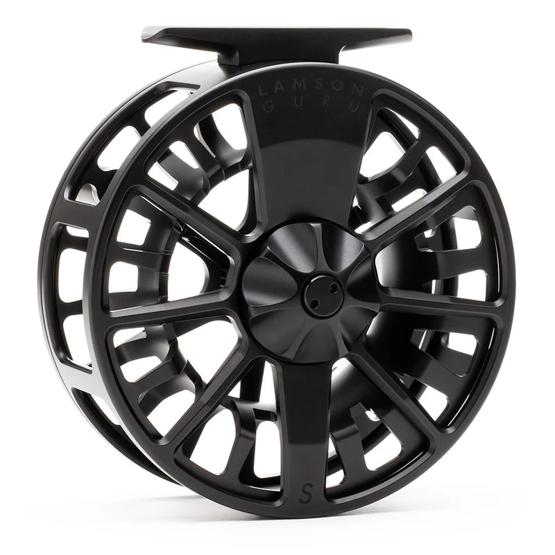 Load image into Gallery viewer, Black fly fishing reel with cutout spokes and central disc.

