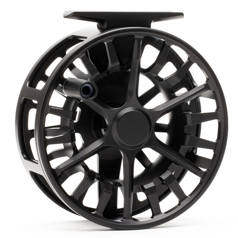 Load image into Gallery viewer, Black fly fishing reel with arched frame and central spool.
