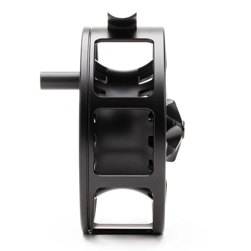 Load image into Gallery viewer, Black fly fishing reel body with side crank and rectangular frame.
