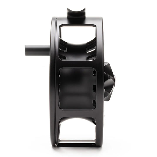 Black fly fishing reel body with side crank and rectangular frame.