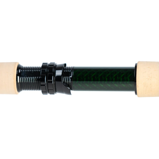 Spey fishing rod ferrule with cork grips and black finish