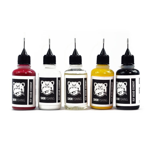 Shor Head Cement 1 oz bottles with red, clear, yellow, black liquid and caps