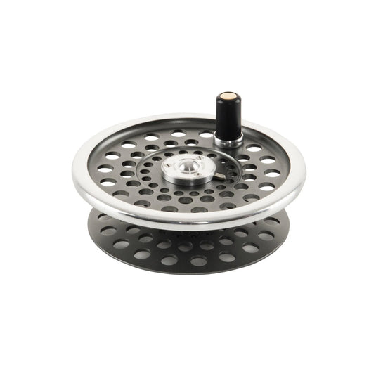 Perforated fly fishing reel spare spool with metal core and black spool knob