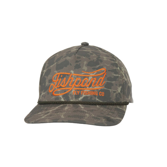 Fishpond camo baseball cap with embroidered orange logo