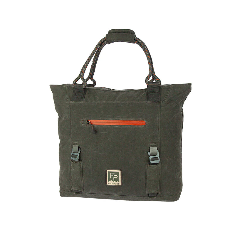 Load image into Gallery viewer, Dark green tote bag with orange zipper, front logo patch, and side attachment straps
