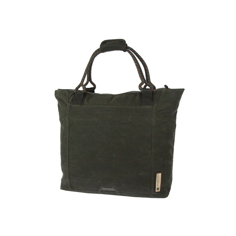 Load image into Gallery viewer, Dark green tote bag with top handles and front logo patch, showing side panel seams
