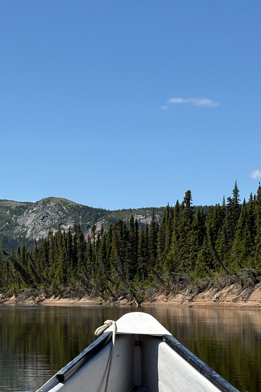 Boat on a lake with mountains and trees in the background