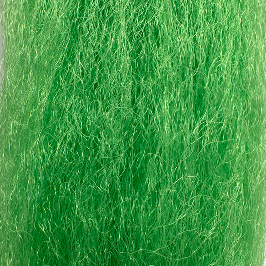 Green fishing fiber material with dense, wispy strands.