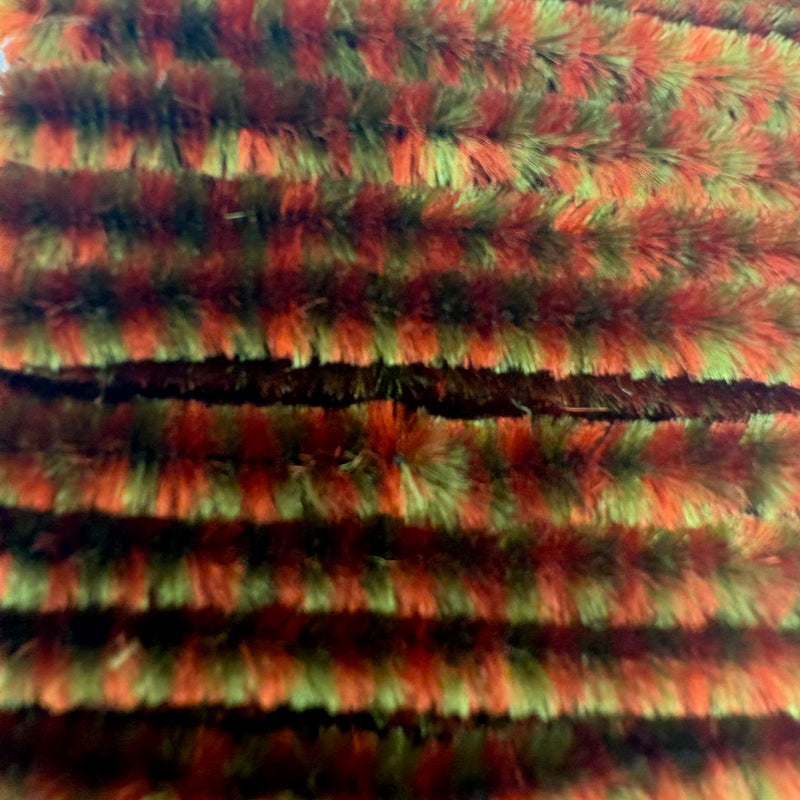 Load image into Gallery viewer, Hook &amp; Hackle variegated chenille in green, orange, and red striped loops
