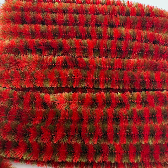 Hook & Hackle variegated chenille in red, olive, and tan looped texture