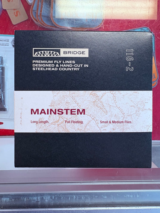 Spey fly line box labeled Mainstem, steelhead country, long length pull floating