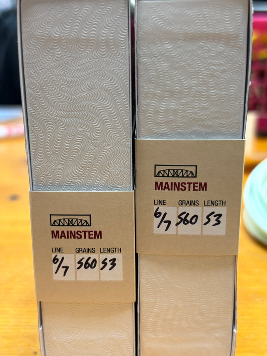 Spey fly line boxes showing Mainstem 6/7 grain and 560/53 length