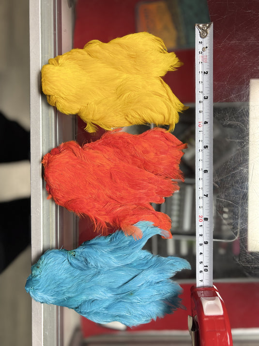 Hen neck feather pieces in bright yellow, red-orange and light blue