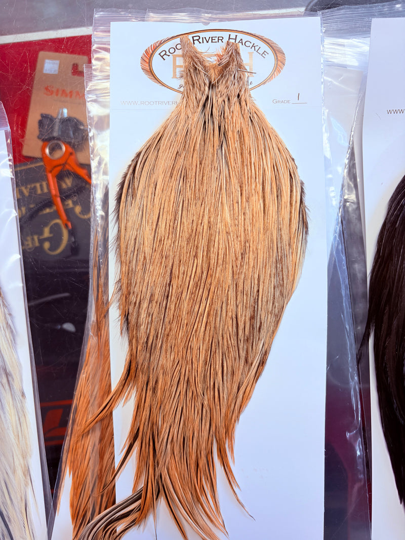 Load image into Gallery viewer, Light golden-brown hackle feather bundle with long tapered body and wispy strands
