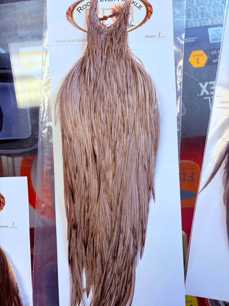 Load image into Gallery viewer, Medium brown hackle feather bundle with long tapered body and fine trailing fibers
