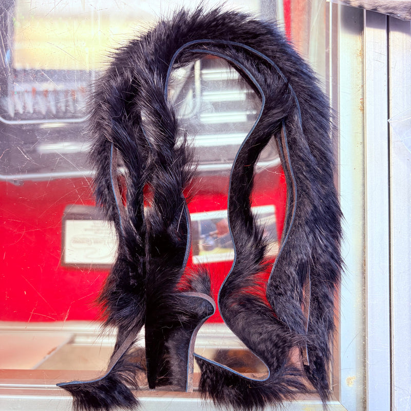 Load image into Gallery viewer, Fishing rabbit fur strips in dark charcoal gray with long looped strands
