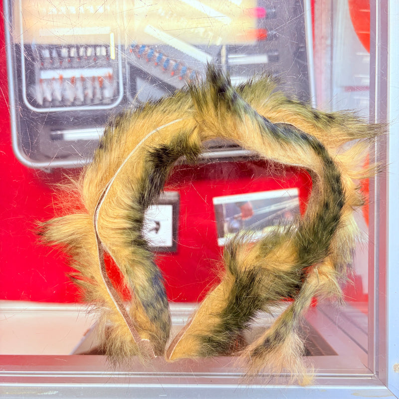 Load image into Gallery viewer, Fishing rabbit fur strips in olive green with yellow and dark accents, wavy loops
