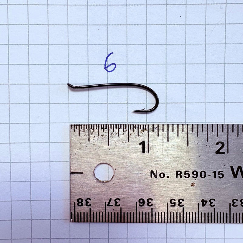 Load image into Gallery viewer, Fishing hook size 6, dark metal, curved shank with barbed tip
