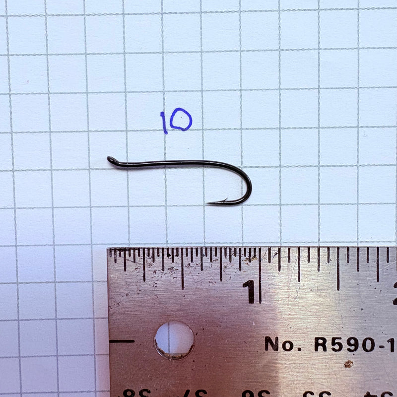 Load image into Gallery viewer, Fishing hook size 10, dark metal, curved shank with barbed tip
