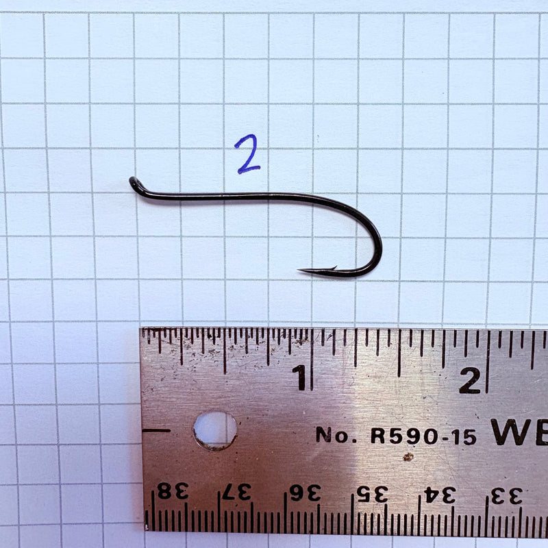 Load image into Gallery viewer, Fishing hook size 2, dark metal, curved shank with barbed tip
