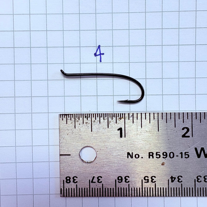 Load image into Gallery viewer, Fishing hook size 4, dark metal, curved shank with barbed tip
