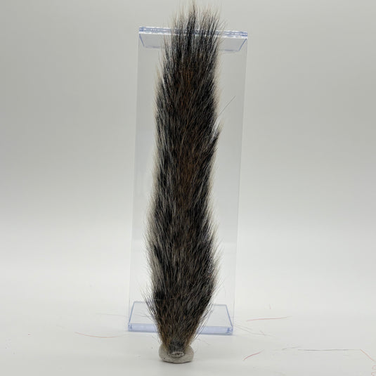 Grey squirrel tail hairpiece in clear plastic sleeve