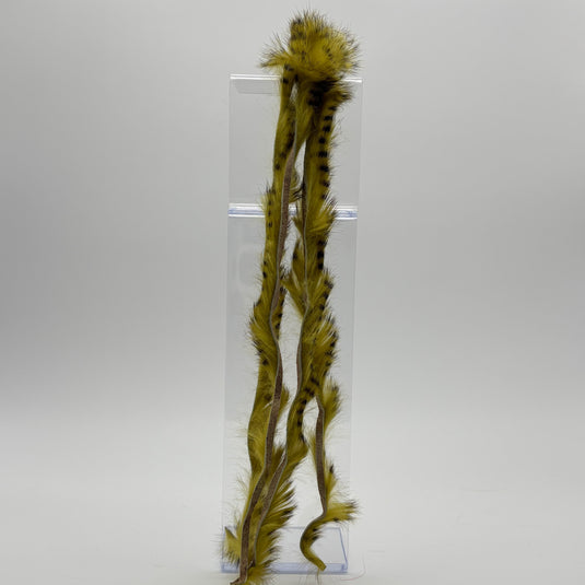Rabbit fur strip with olive green barred fibers