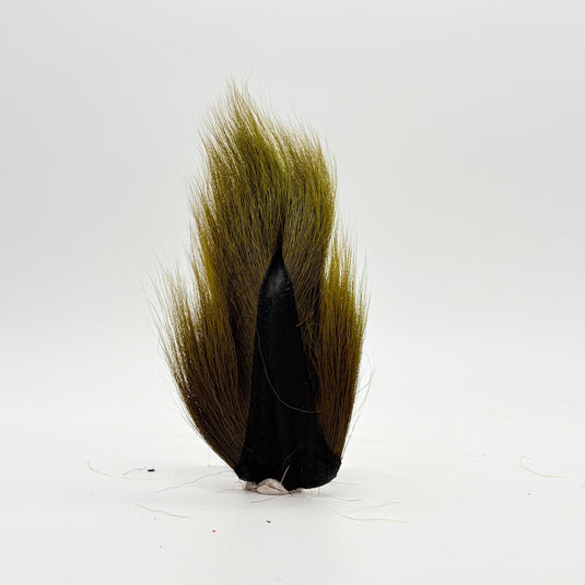 Olive-green bucktail-style fly tail with dark base