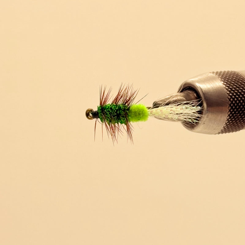 Load image into Gallery viewer, Fishing lure with lime foam body, green dubbing, sparse red-brown tail, white wing
