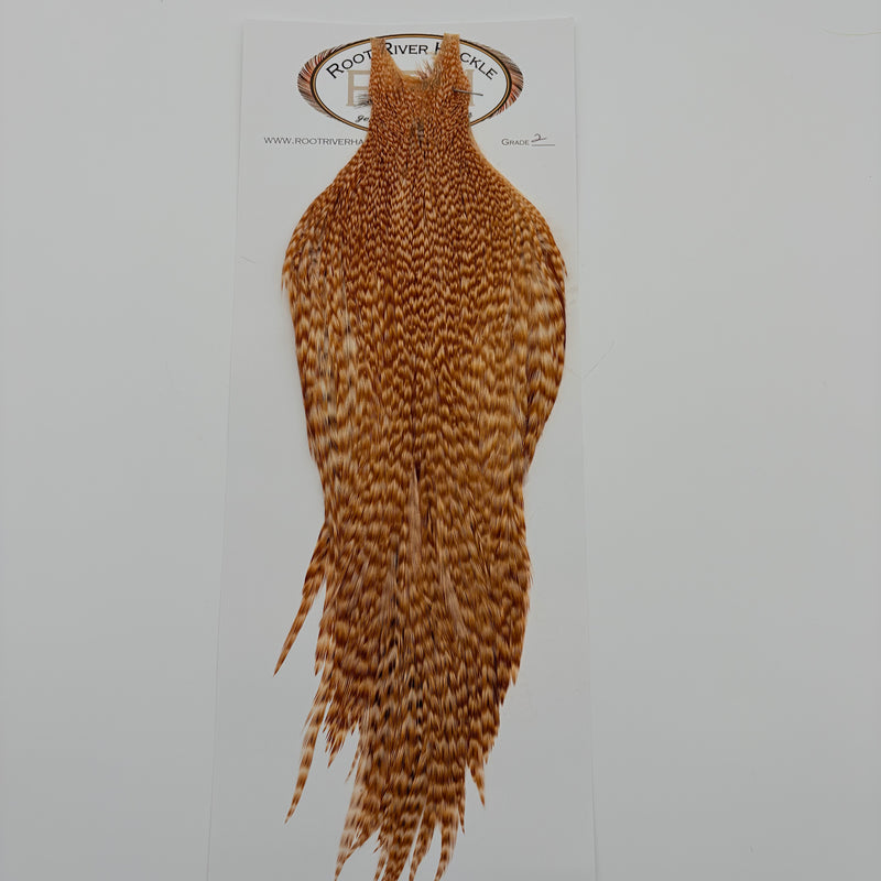 Load image into Gallery viewer, Hackle feather, brown and tan mottled with long trailing fibers
