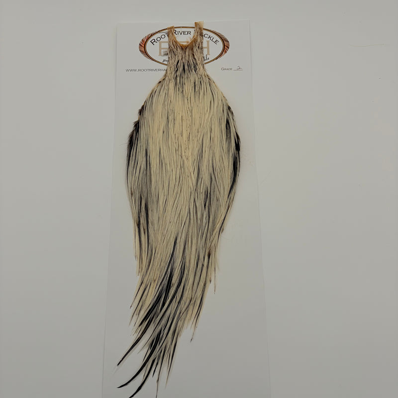 Load image into Gallery viewer, Hackle feather, light cream and grey with long silky trailing fibers
