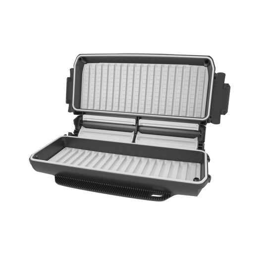 Charcoal grey fly box with open lid showing foam slots and divider tray