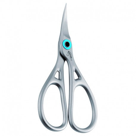 Curved scissors with stainless-steel finish and turquoise accent finger holes.