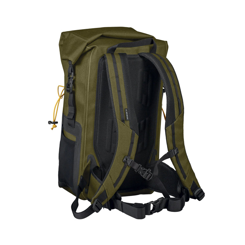 Load image into Gallery viewer, 25L dry backpack in olive green with mesh back panel and adjustable webbing straps

