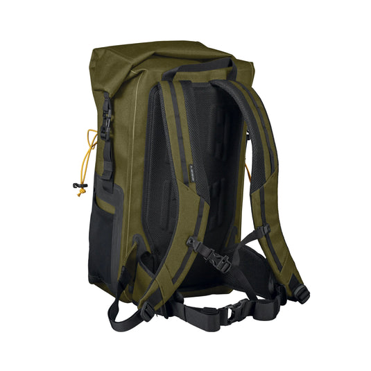 25L dry backpack in olive green with mesh back panel and adjustable webbing straps