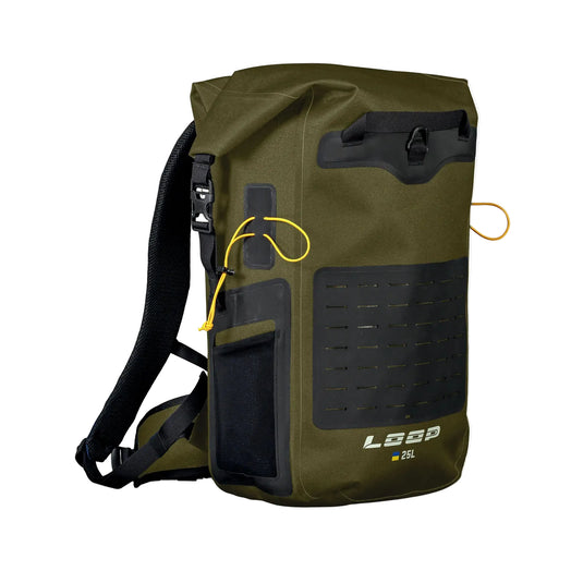 25L dry backpack in olive green with black front pocket and drawcord pull