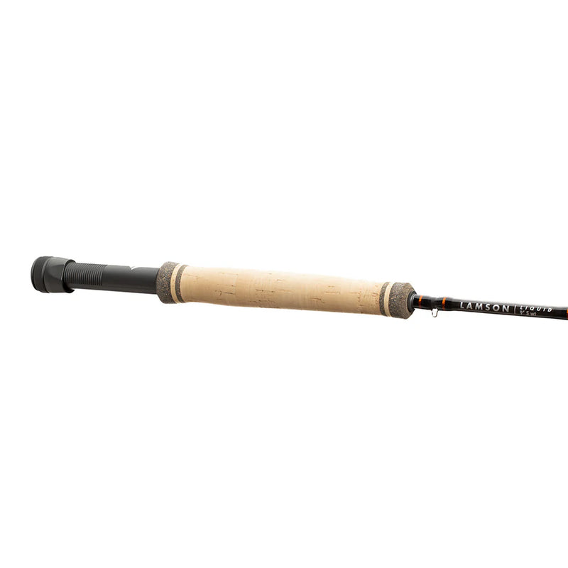 Load image into Gallery viewer, Fly fishing rod side view with black grip, cork handle, and dark reel seat
