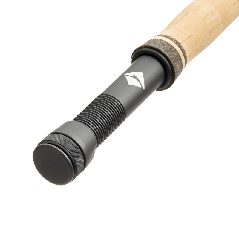 Load image into Gallery viewer, Fly fishing rod grip close-up with black rubber texture and cork section
