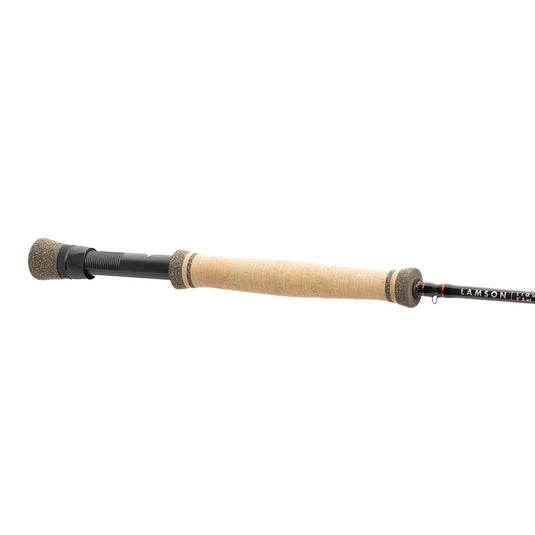 Fly fishing rod with black grip and cork handle, side view of reel seat