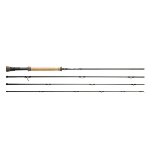 Fly fishing rod set view showing multiple line guides along the dark shaft