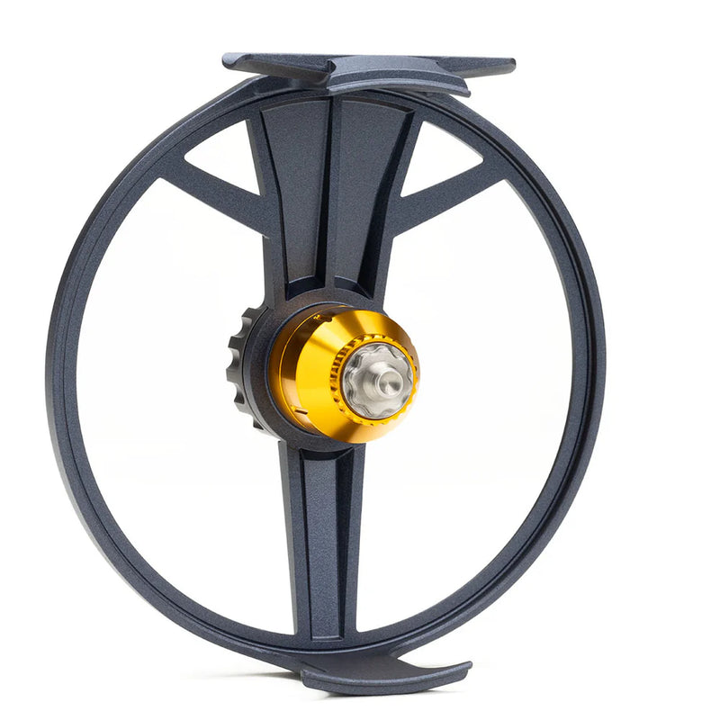Load image into Gallery viewer, Lamson Liquid Max fly reel with gold spool and dark wheel, front angle
